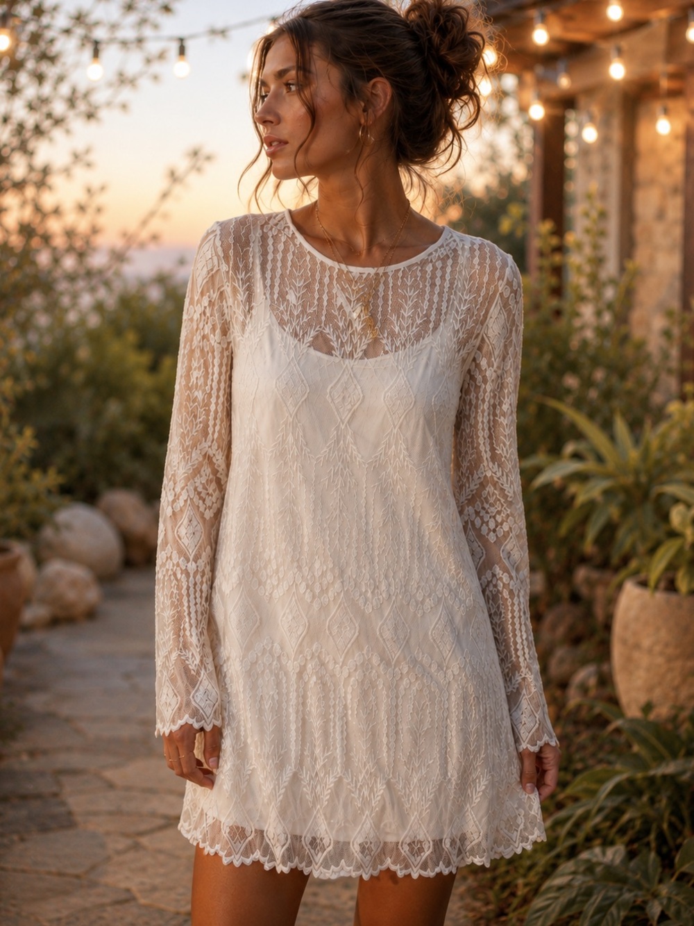 Ecole White Embroidered Lace Dress Attached Slip Boho Size Medium - Picture 1 of 11